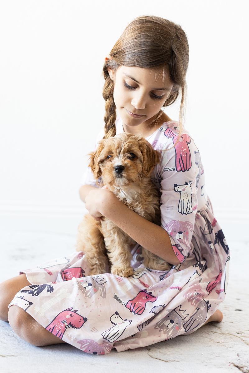 Puppy Party 3/4 Sleeve Pocket Twirl Dress - Aaria Tees Aaria Tees