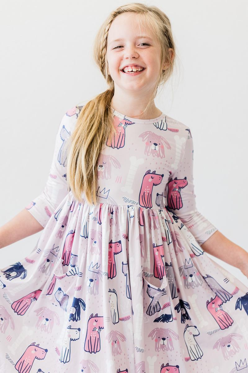 Puppy Party 3/4 Sleeve Pocket Twirl Dress - Aaria Tees Aaria Tees