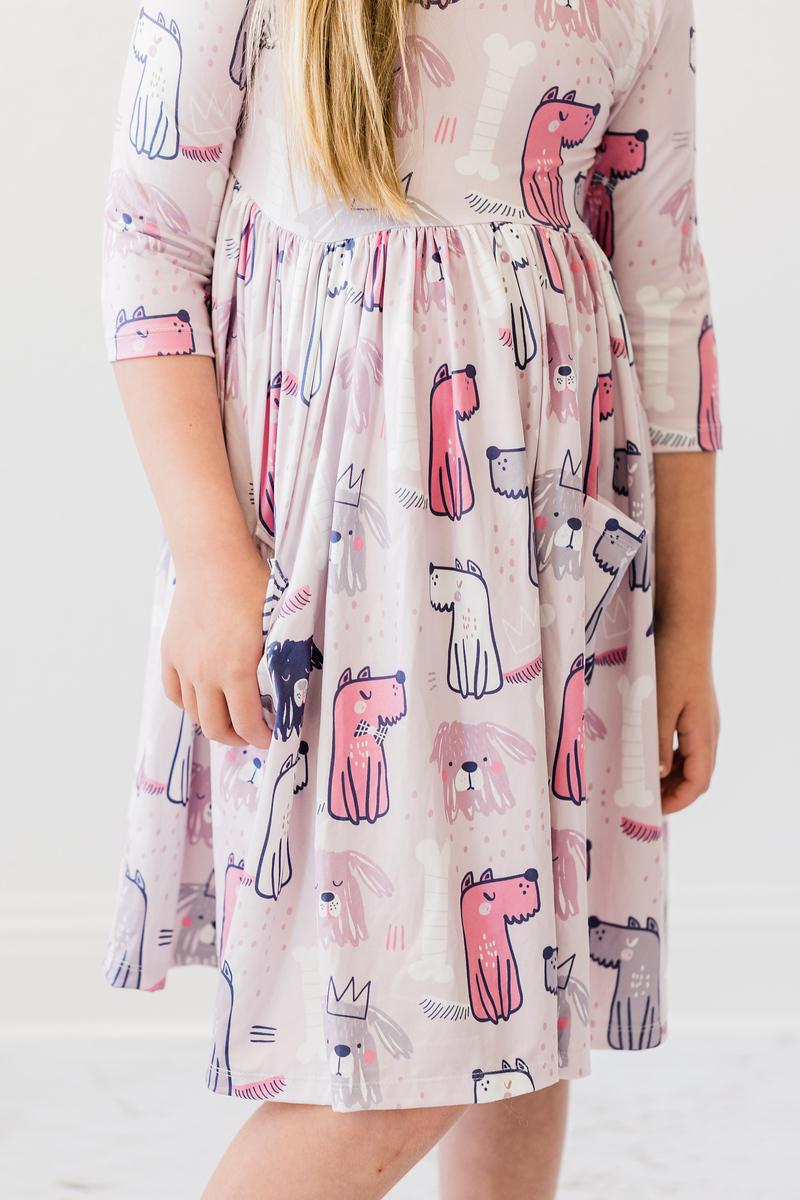 Puppy Party 3/4 Sleeve Pocket Twirl Dress - Aaria Tees Aaria Tees