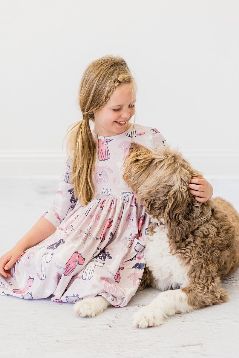 Puppy Party 3/4 Sleeve Pocket Twirl Dress - Aaria Tees Aaria Tees