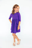 Purple 3/4 Sleeve Pocket Twirl Dress - Aaria Tees Aaria Tees