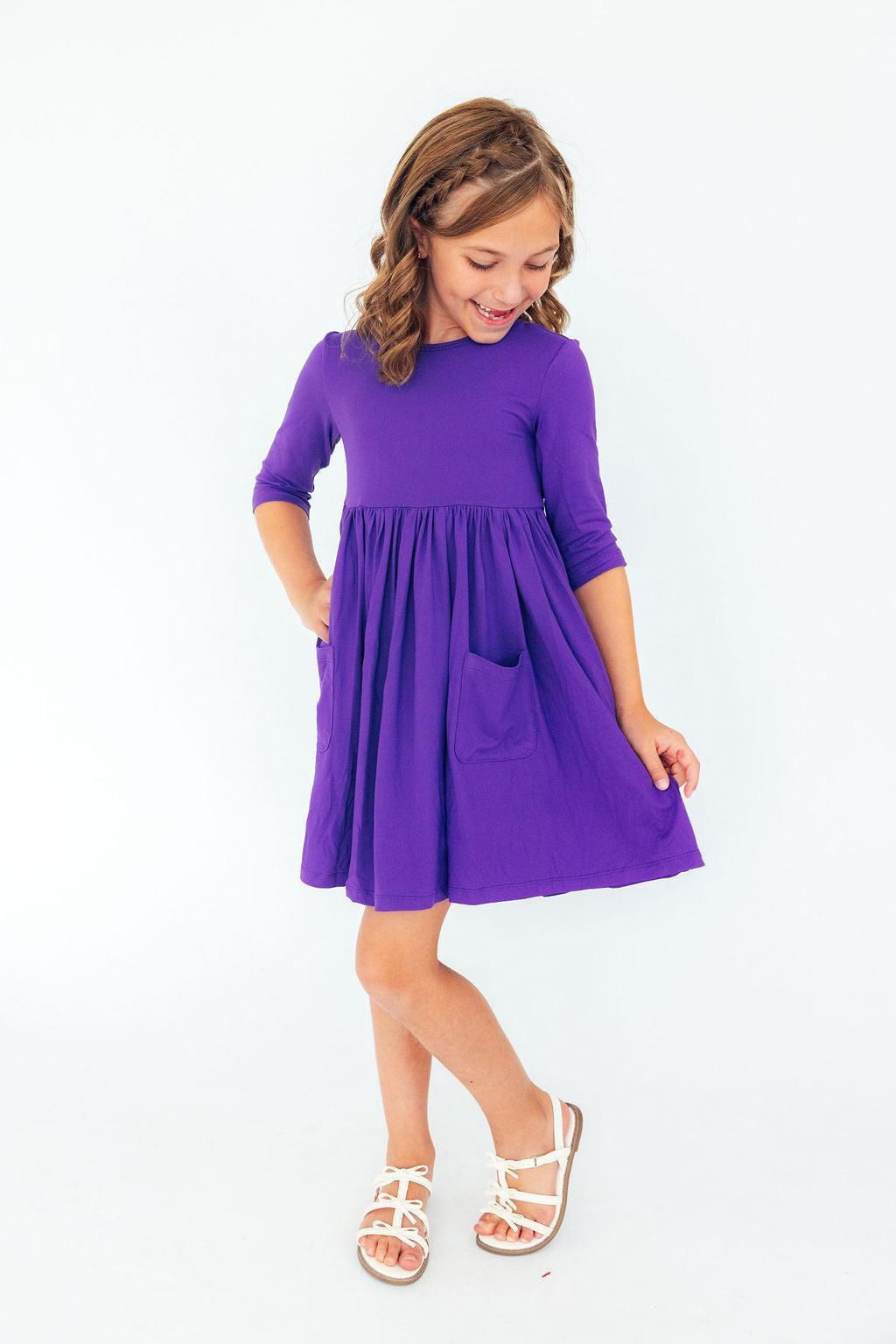 Purple 3/4 Sleeve Pocket Twirl Dress - Aaria Tees Aaria Tees