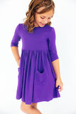 Purple 3/4 Sleeve Pocket Twirl Dress - Aaria Tees Aaria Tees