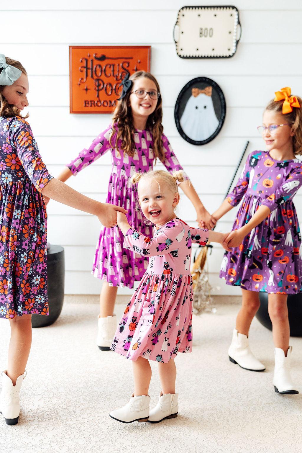 Purr-fectly Spooky 3/4 Sleeve Pocket Twirl Dress - Aaria Tees Aaria Tees