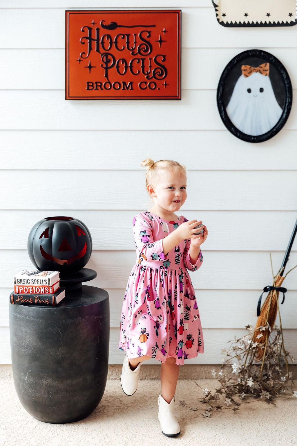 Purr-fectly Spooky 3/4 Sleeve Pocket Twirl Dress - Aaria Tees Aaria Tees