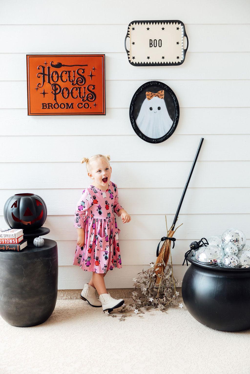 Purr-fectly Spooky 3/4 Sleeve Pocket Twirl Dress - Aaria Tees Aaria Tees