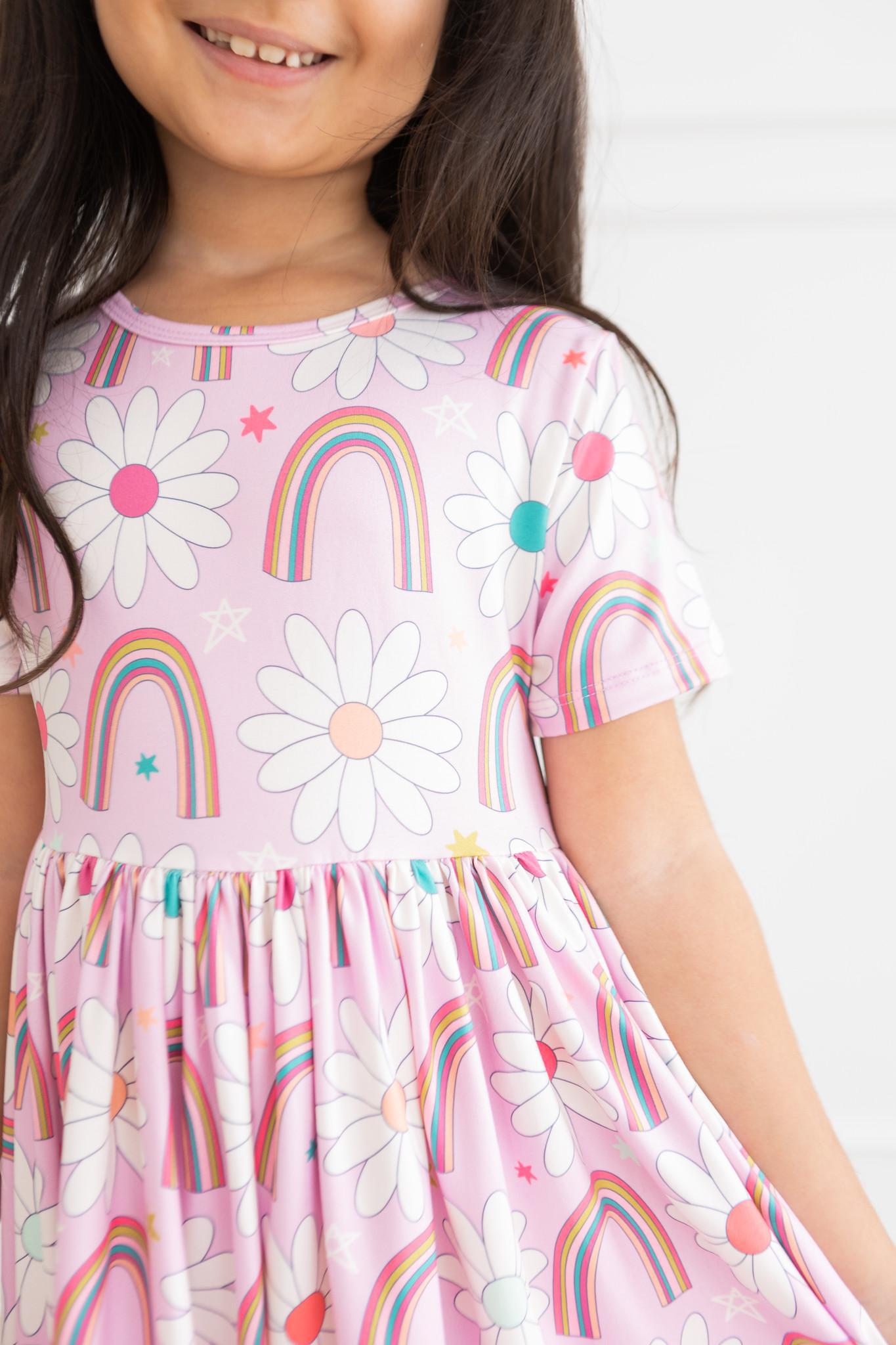 Rainbow Daisies S/S Pocket Twirl Dress - Aaria Tees Aaria Tees