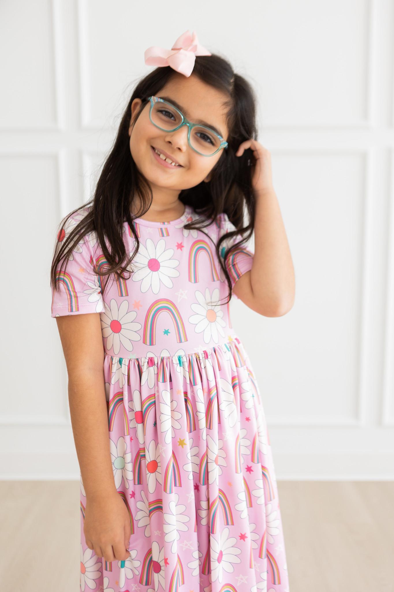 Rainbow Daisies S/S Pocket Twirl Dress - Aaria Tees Aaria Tees