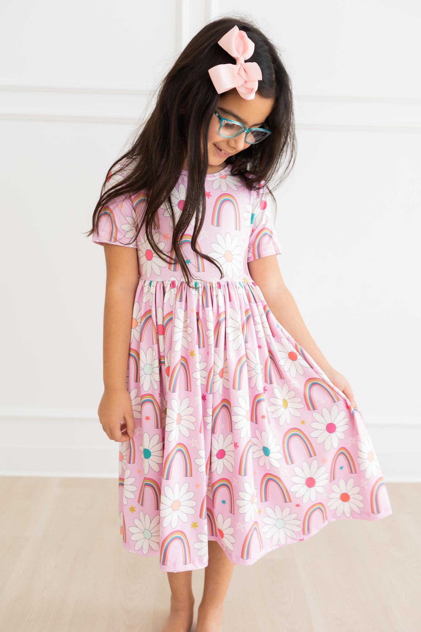 Rainbow Daisies S/S Pocket Twirl Dress - Aaria Tees Aaria Tees