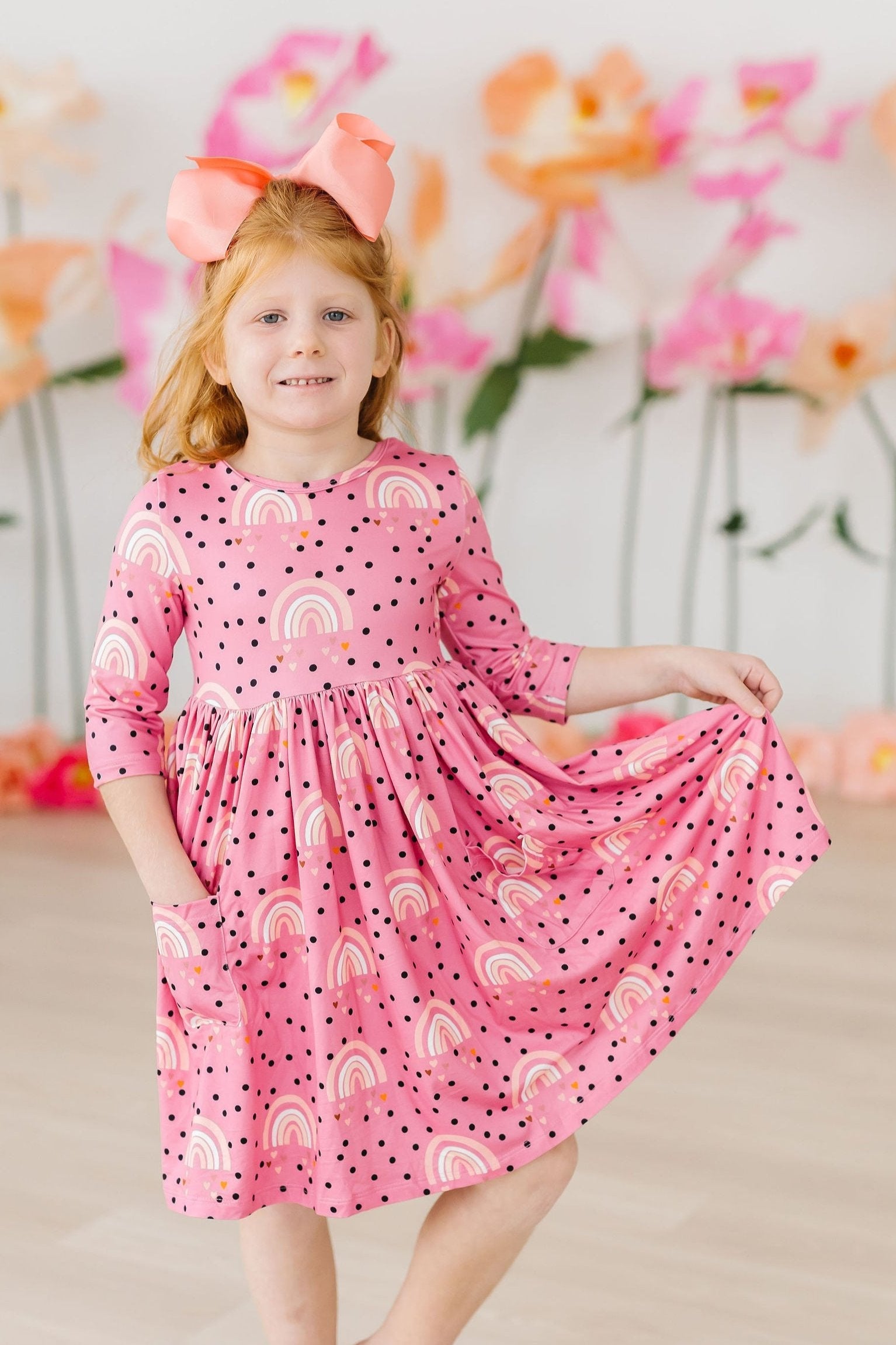 Rainbow Wishes 3/4 Sleeve Pocket Twirl Dress - Aaria Tees Aaria Tees