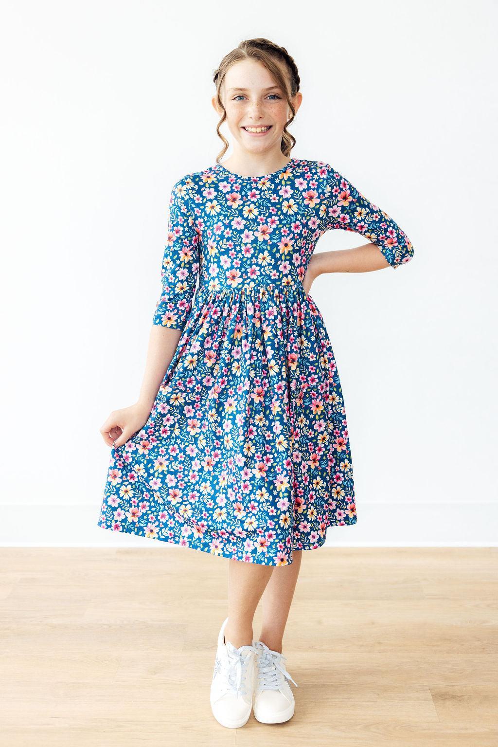 Rainforest Blooms 3/4 Sleeve Pocket Twirl Dress - Aaria Tees Aaria Tees