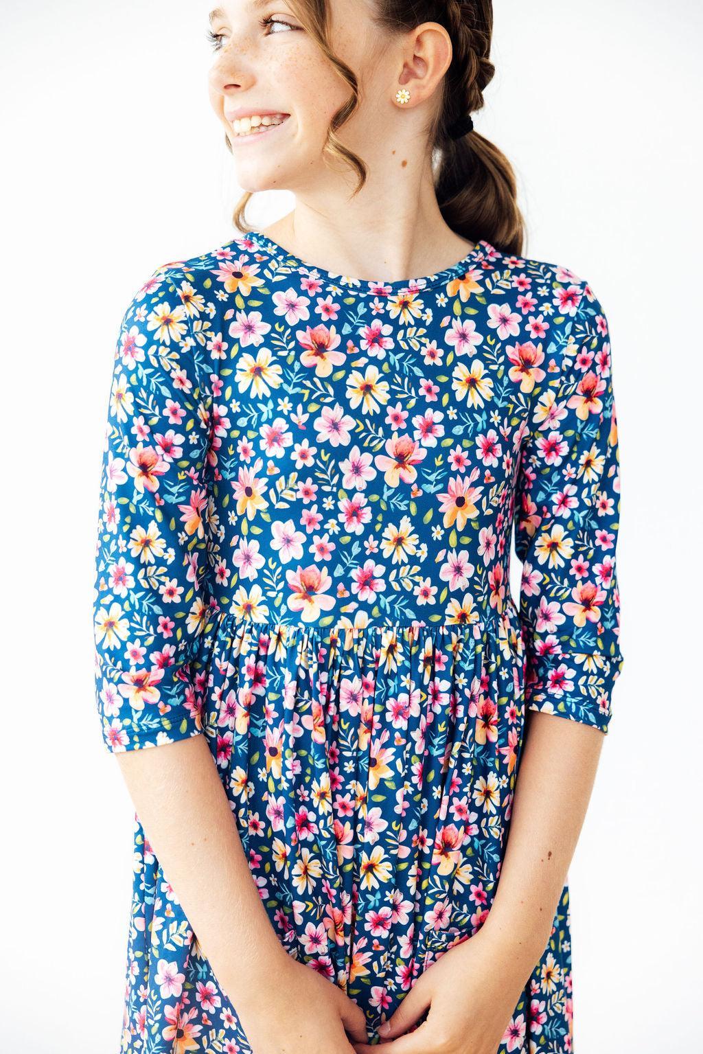 Rainforest Blooms 3/4 Sleeve Pocket Twirl Dress - Aaria Tees