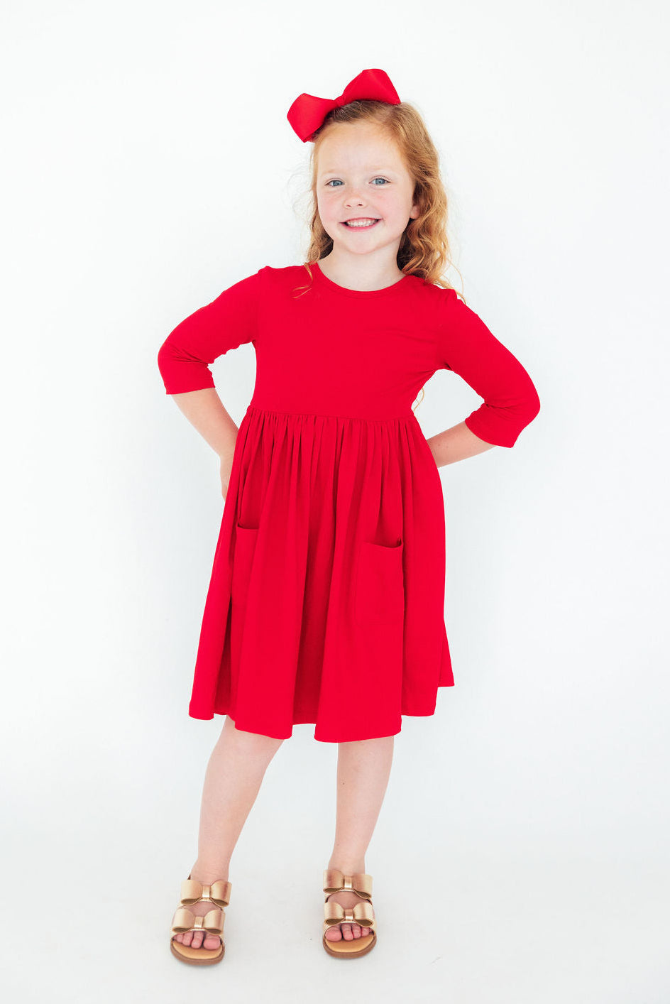Red 3/4 Sleeve Pocket Twirl Dress - Aaria Tees Aaria Tees