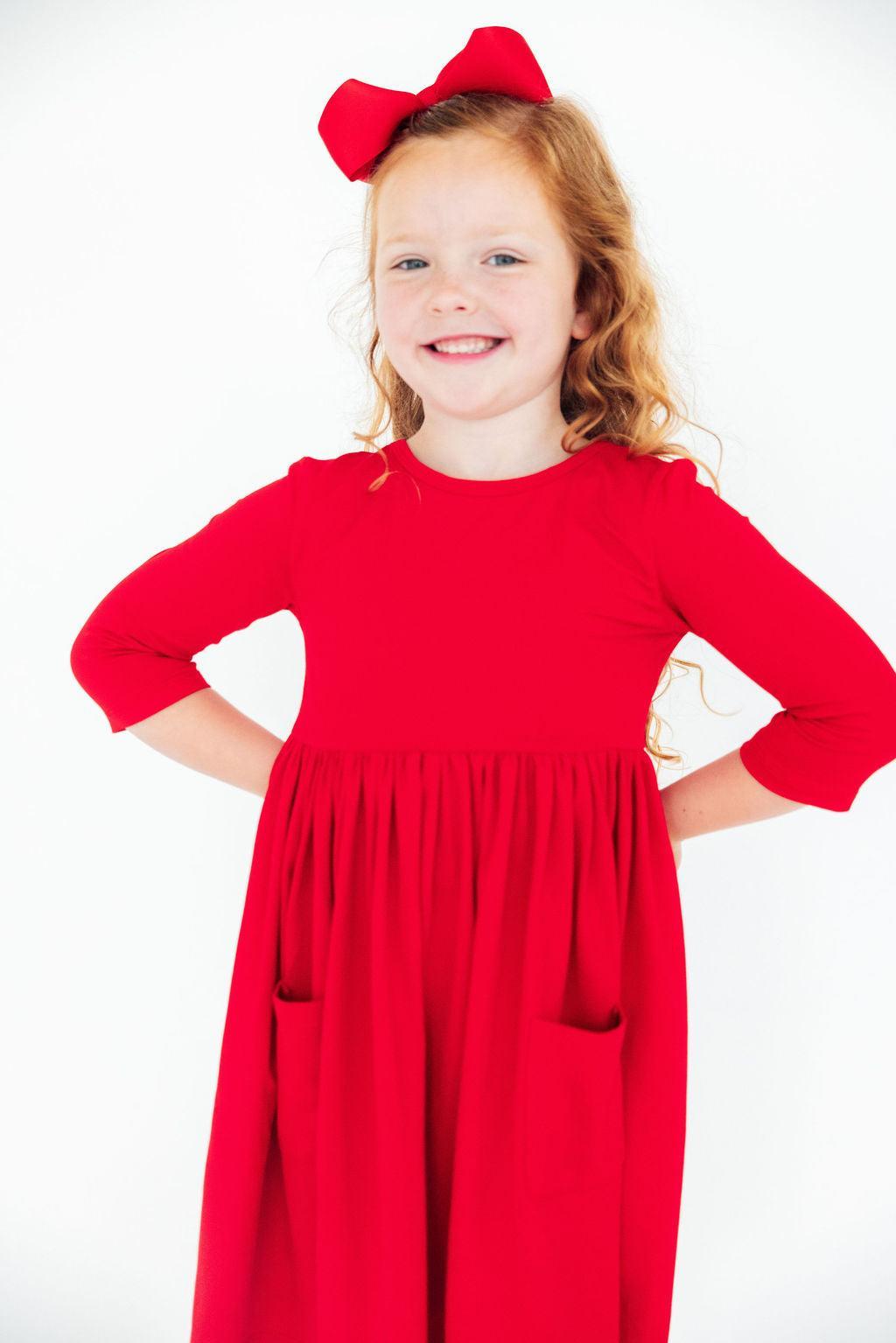 Red 3/4 Sleeve Pocket Twirl Dress - Aaria Tees Aaria Tees