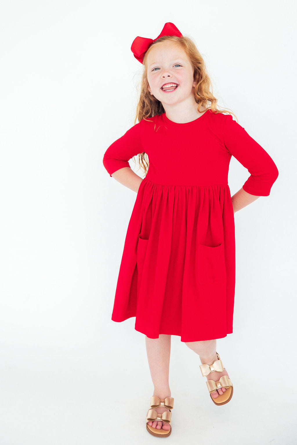 Red 3/4 Sleeve Pocket Twirl Dress - Aaria Tees Aaria Tees