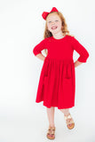 Red 3/4 Sleeve Pocket Twirl Dress - Aaria Tees Aaria Tees