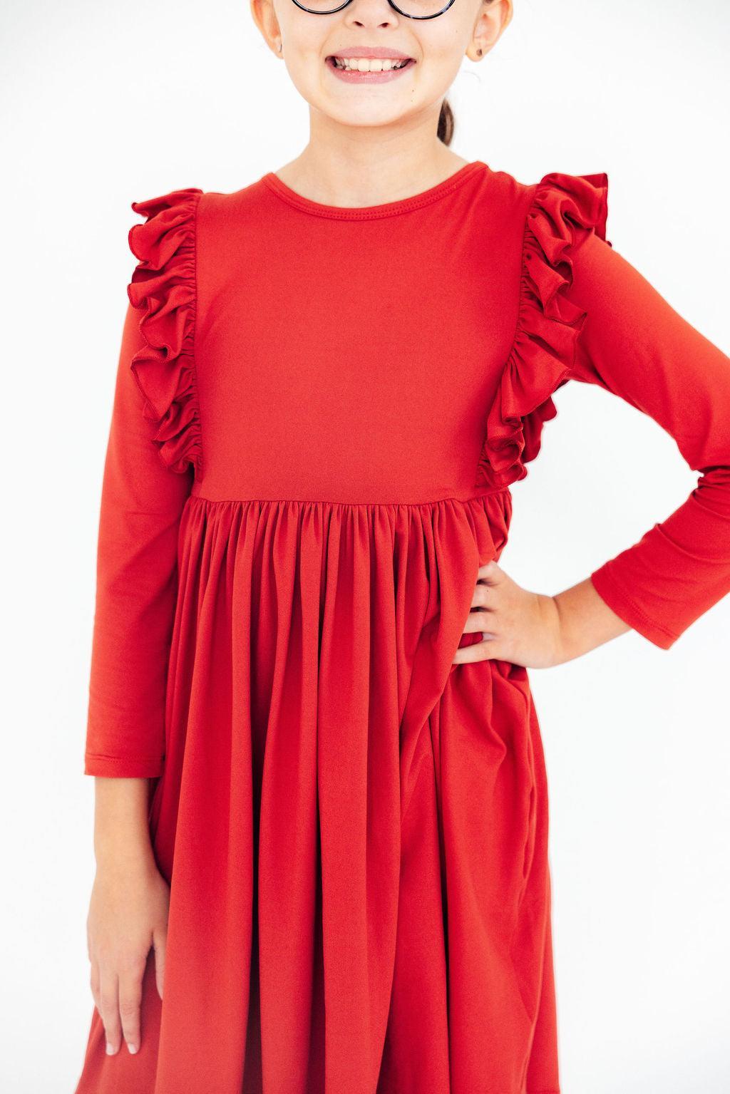 Red L/S Ruffle Twirl Dress - Aaria Tees Aaria Tees