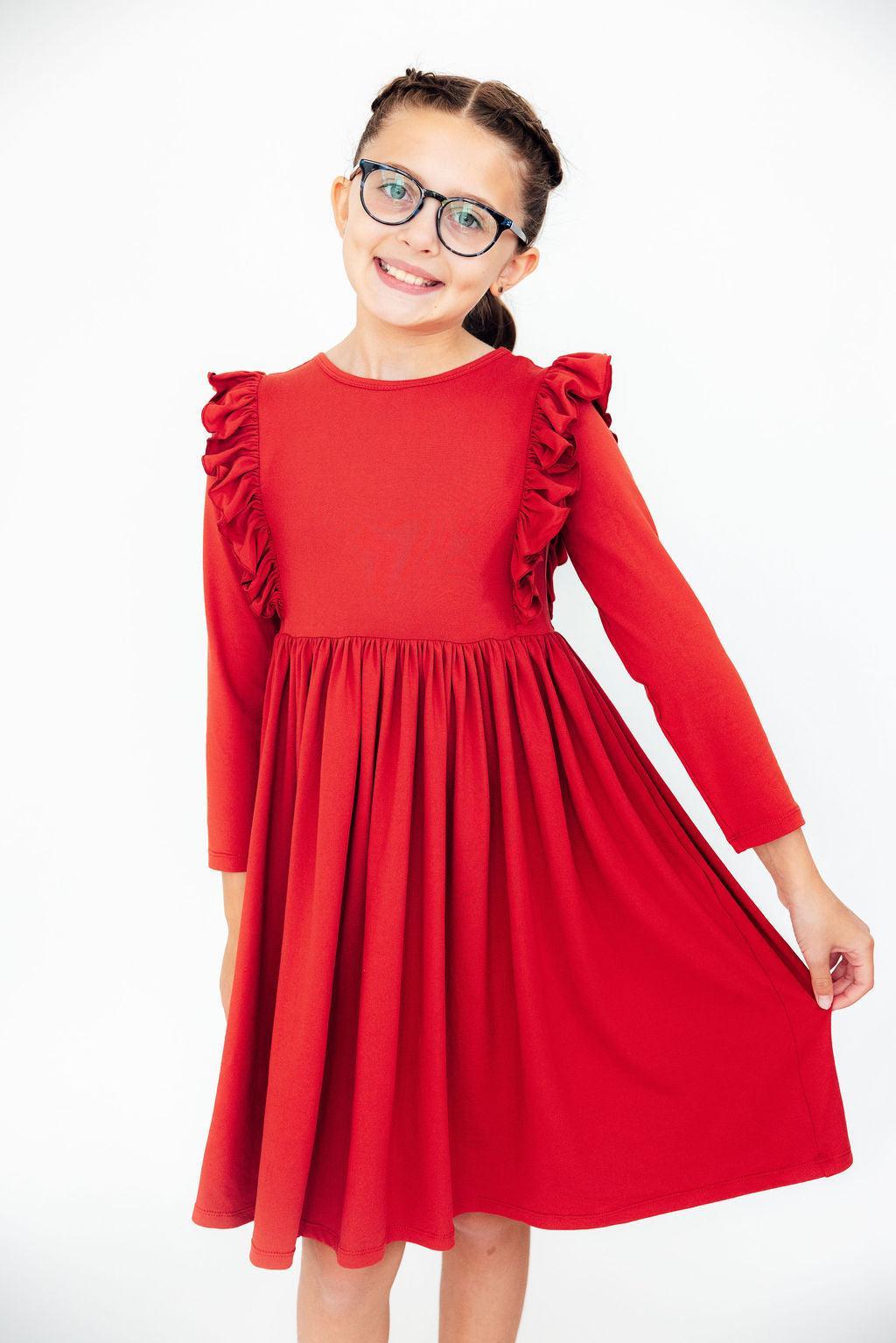 Red L/S Ruffle Twirl Dress - Aaria Tees Aaria Tees