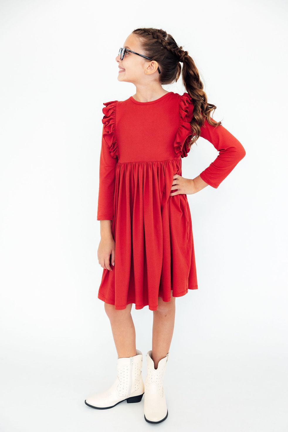 Red L/S Ruffle Twirl Dress - Aaria Tees Aaria Tees