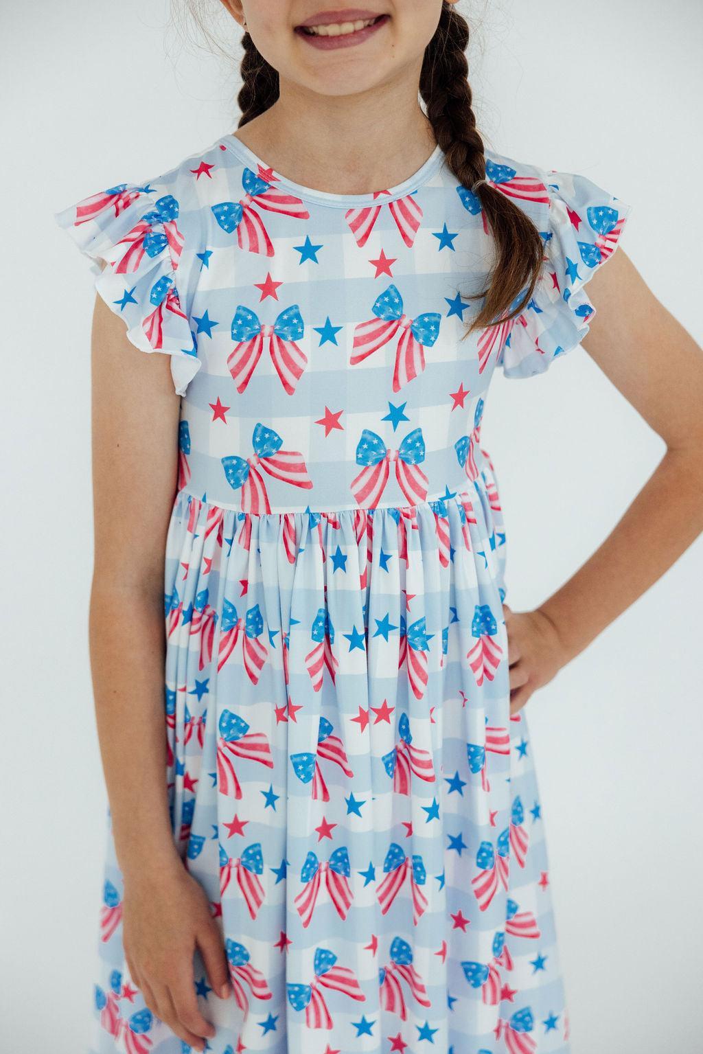 Red, White & Bows Flutter Sleeve Twirl Dress - Aaria Tees
