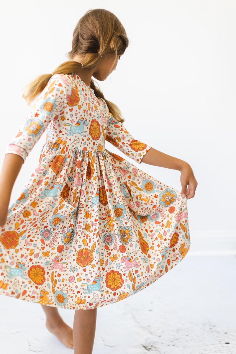 Retro Unicorns 3/4 Sleeve Pocket Twirl Dress - Aaria Tees Aaria Tees