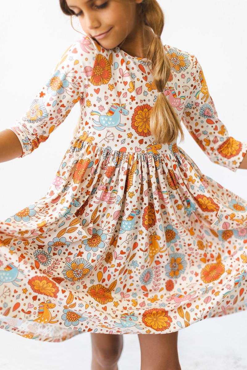 Retro Unicorns 3/4 Sleeve Pocket Twirl Dress - Aaria Tees Aaria Tees