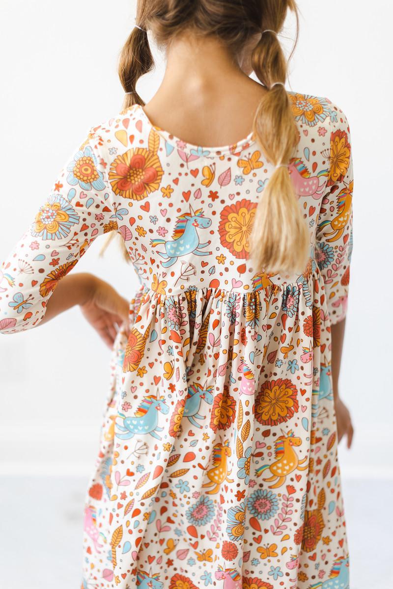 Retro Unicorns 3/4 Sleeve Pocket Twirl Dress - Aaria Tees Aaria Tees