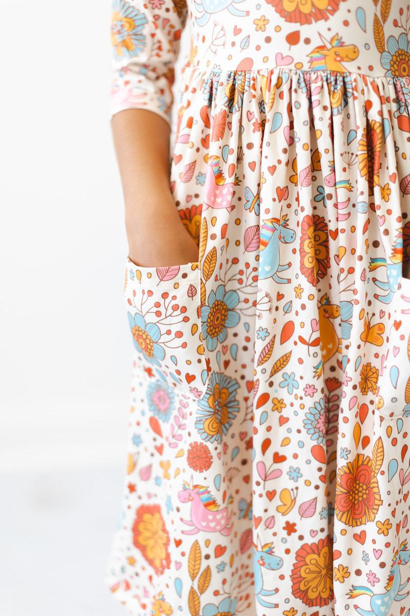 Retro Unicorns 3/4 Sleeve Pocket Twirl Dress - Aaria Tees