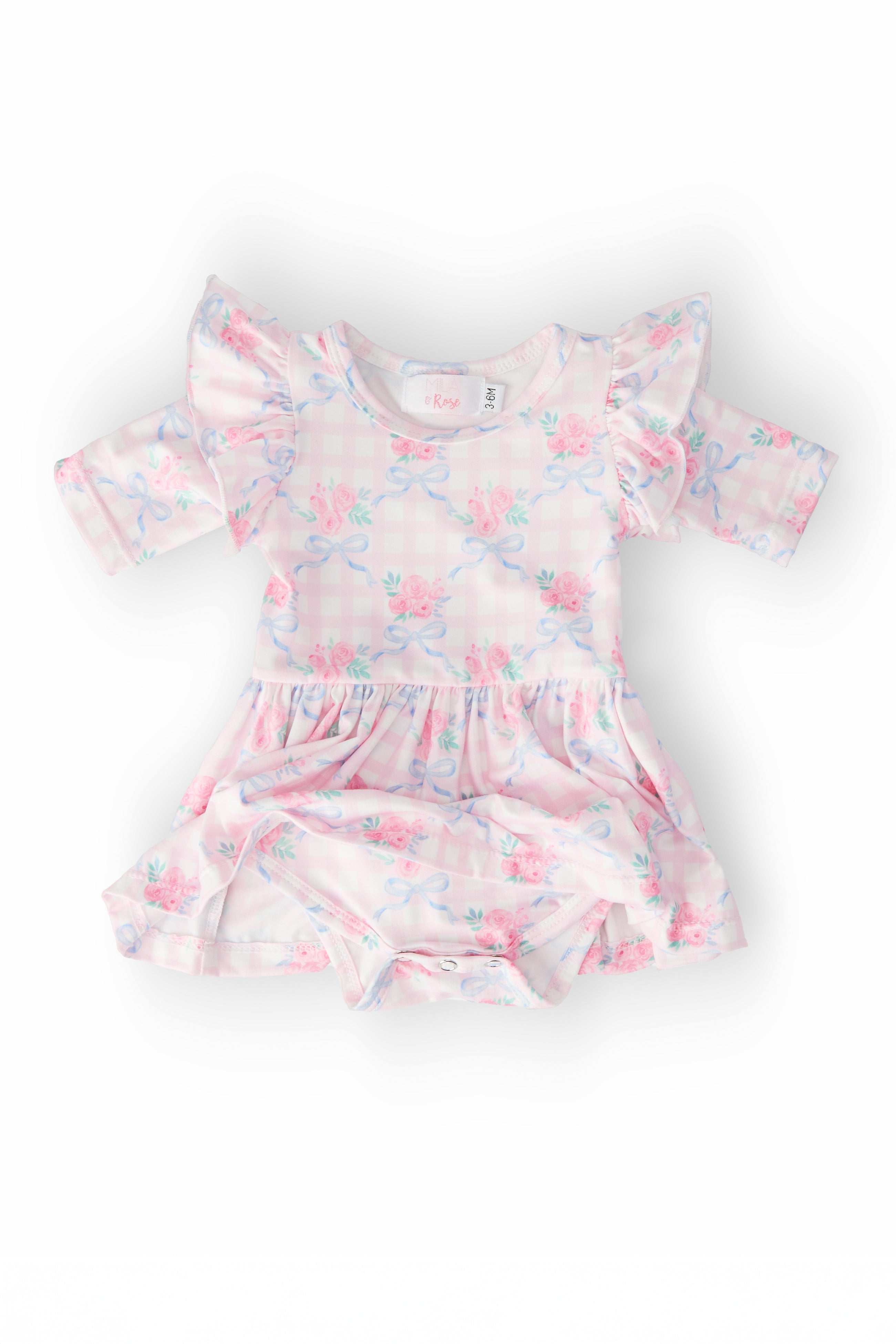 Ribbons & Roses 3/4 Sleeve Flutter Twirl Bodysuit - Aaria Tees Aaria Tees