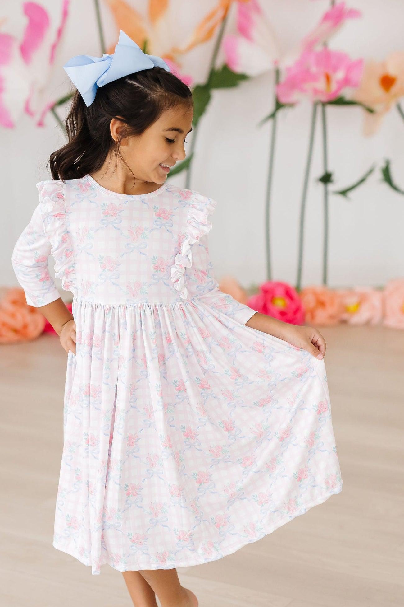 Ribbons & Roses 3/4 Sleeve Ruffle Twirl Dress - Aaria Tees Aaria Tees