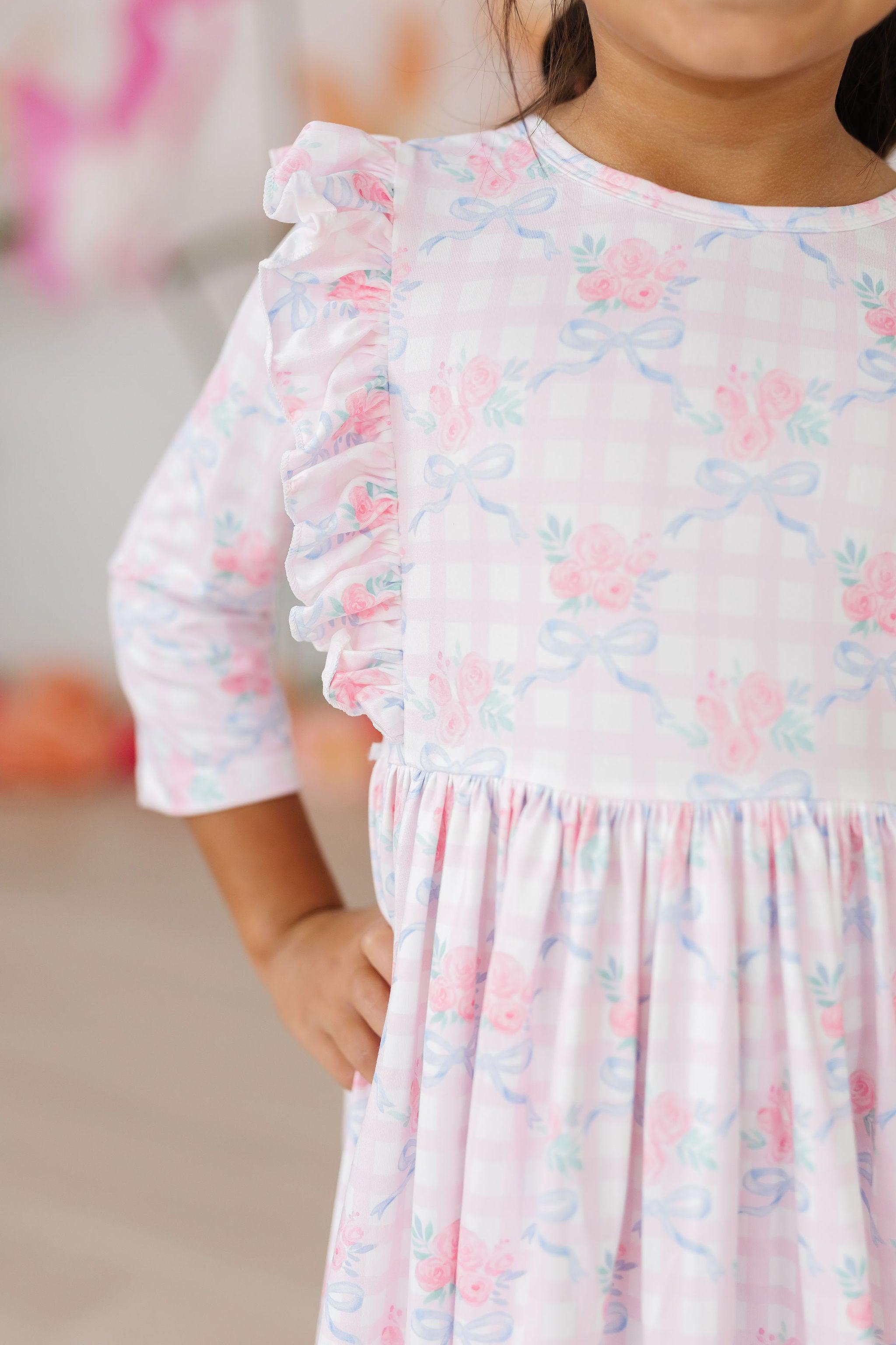 Ribbons & Roses 3/4 Sleeve Ruffle Twirl Dress - Aaria Tees Aaria Tees