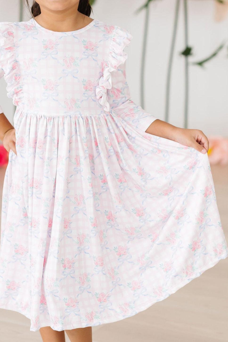 Ribbons & Roses 3/4 Sleeve Ruffle Twirl Dress - Aaria Tees Aaria Tees
