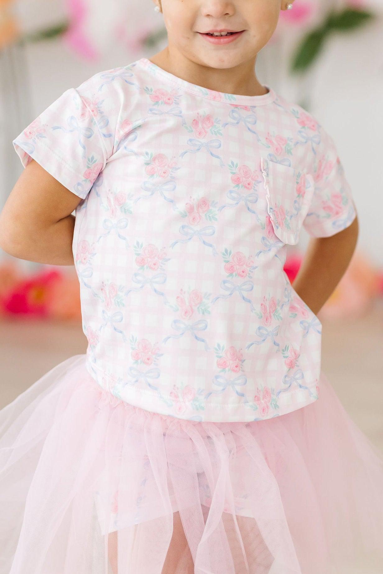 Ribbons & Roses Ruffle Pocket Tee - Aaria Tees Aaria Tees