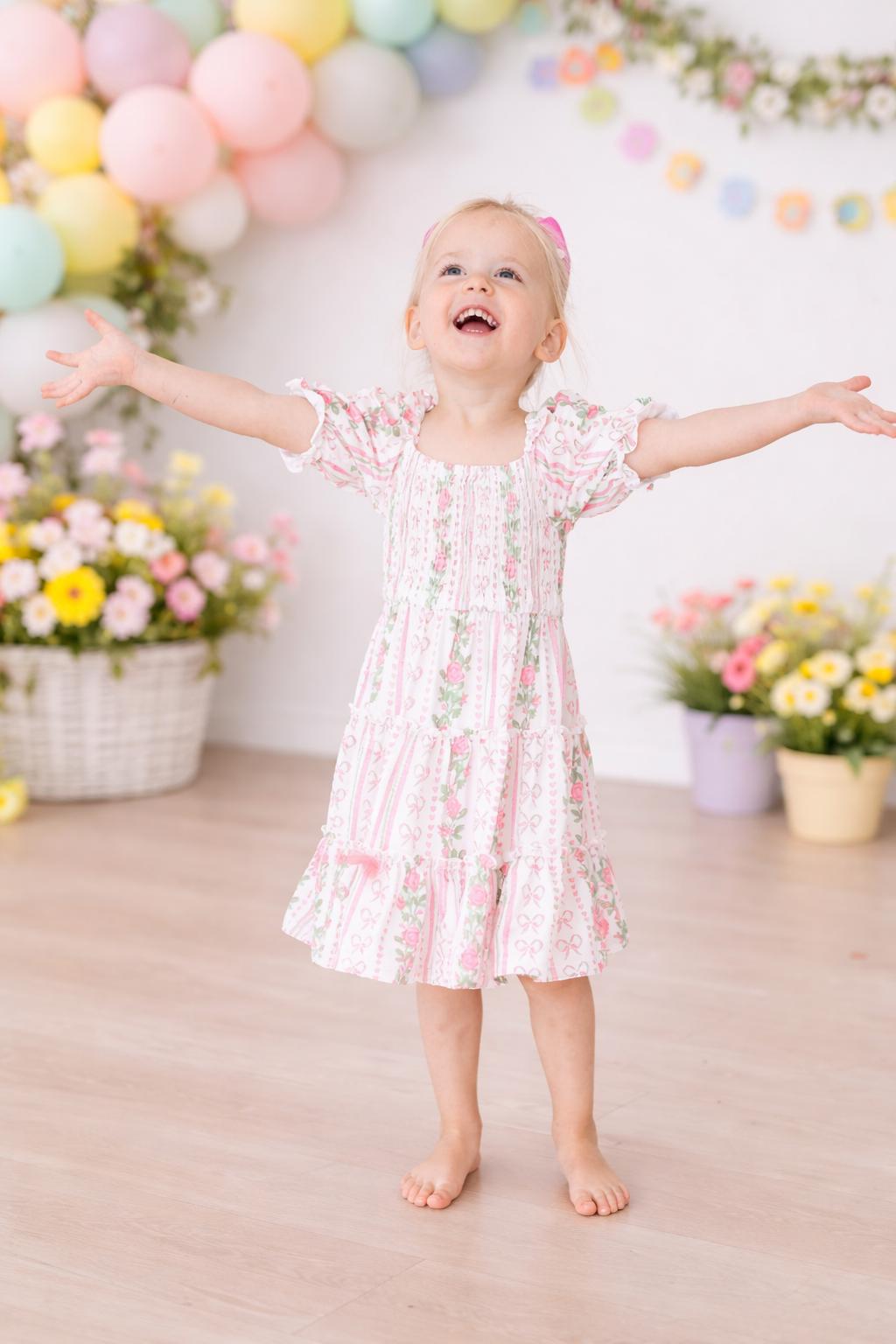 Rosebud Bows Smocked Ruffle Dress - Aaria Tees