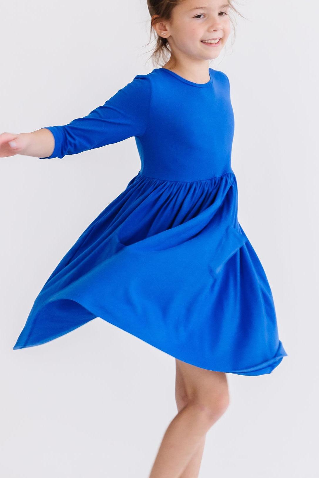 Royal Blue 3/4 Sleeve Pocket Twirl Dress - Aaria Tees Aaria Tees