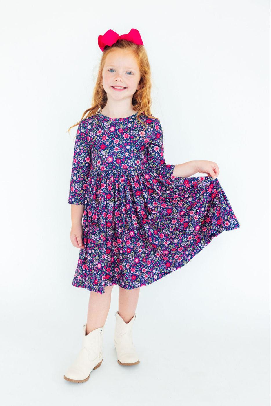 Flower Farm 3/4 Sleeve Pocket Twirl Dress - Aaria Tees Aaria Tees
