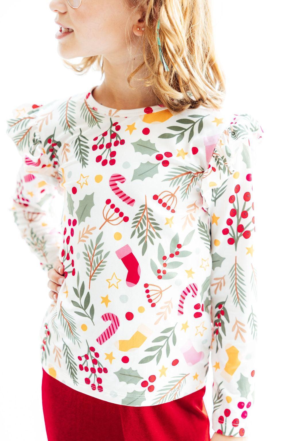 Holly Jolly Christmas L/S Ruffle Tee - Aaria Tees Aaria Tees