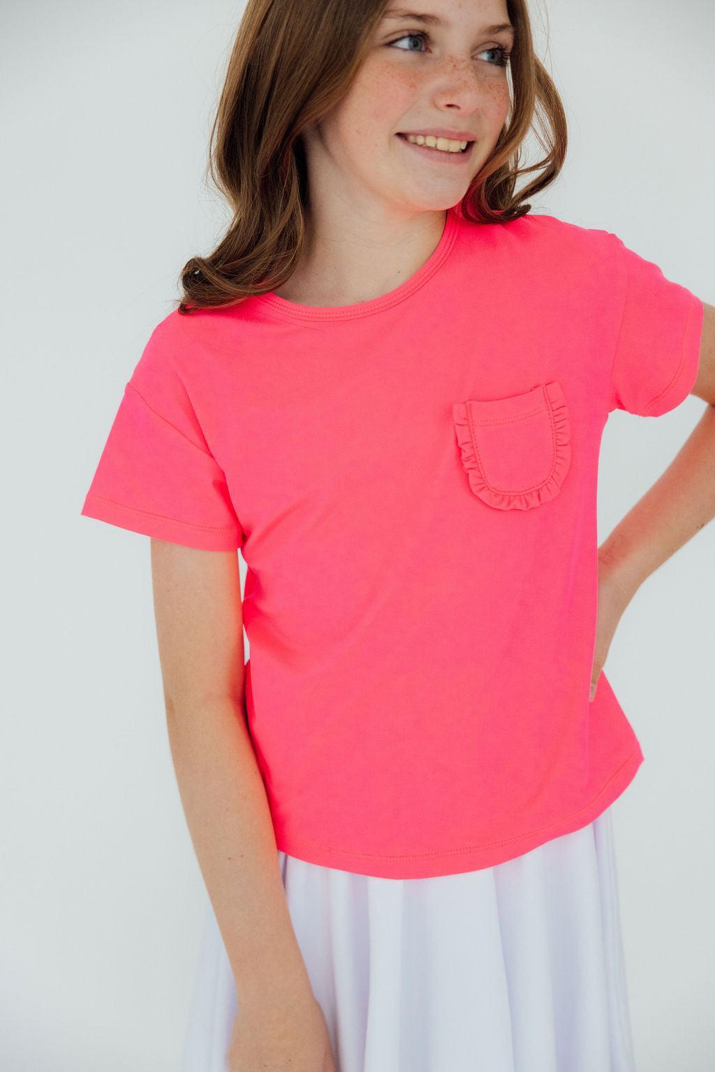 Neon Pink Ruffle Pocket Tee - Aaria Tees Aaria Tees