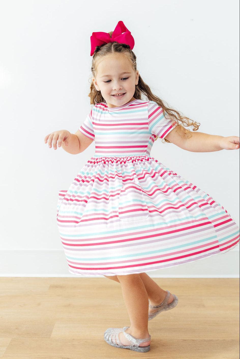 Pastel Stripes S/S Pocket Twirl Dress - Aaria Tees Aaria Tees