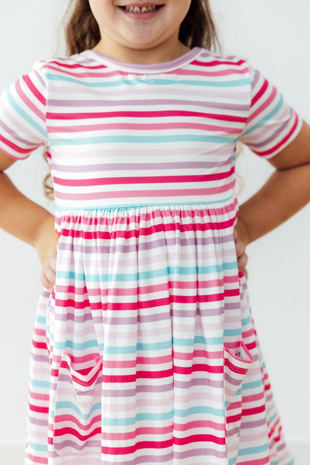 Pastel Stripes S/S Pocket Twirl Dress - Aaria Tees Aaria Tees