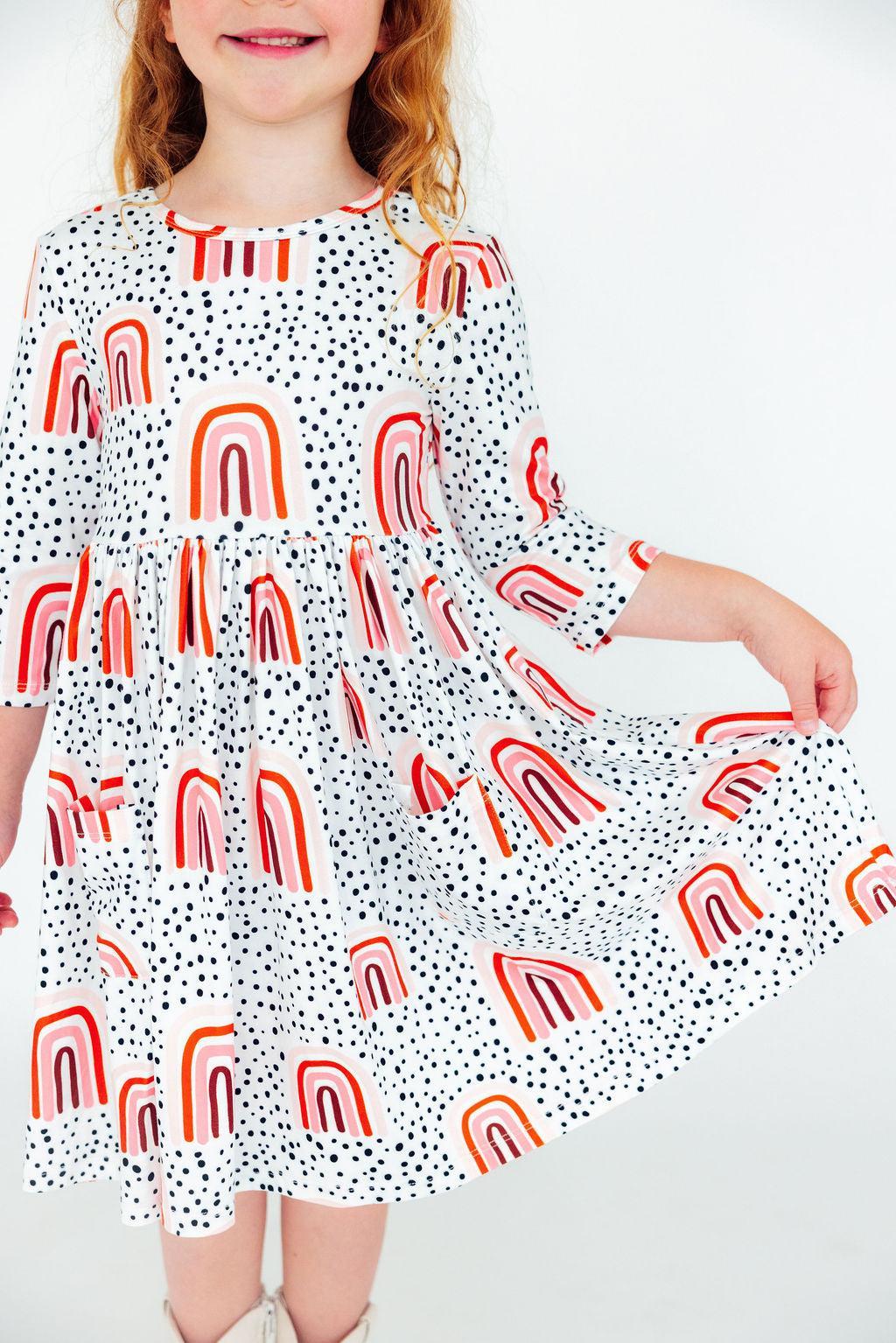 Peach Rainbow 3/4 Sleeve Pocket Twirl Dress - Aaria Tees Aaria Tees