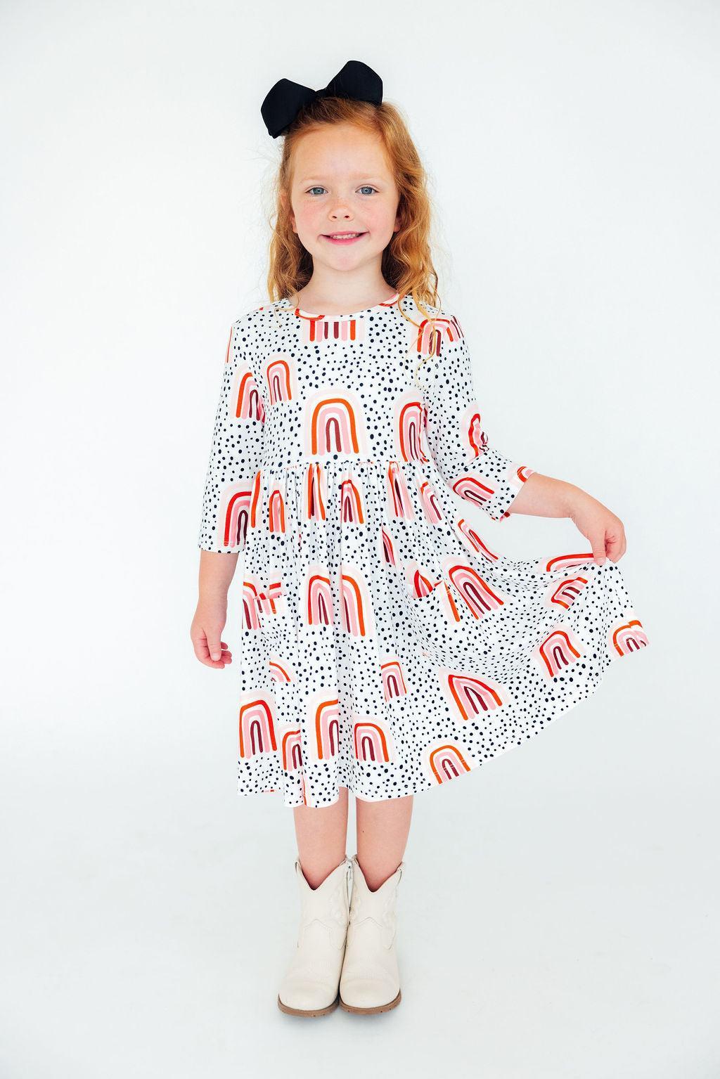 Peach Rainbow 3/4 Sleeve Pocket Twirl Dress - Aaria Tees Aaria Tees