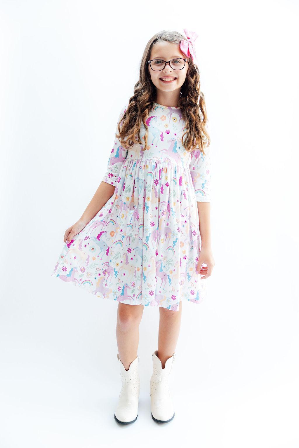 Rainbow Vibes 3/4 Sleeve Pocket Twirl Dress - Aaria Tees Aaria Tees