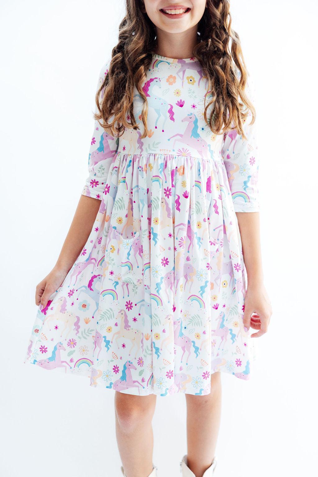 Rainbow Vibes 3/4 Sleeve Pocket Twirl Dress - Aaria Tees Aaria Tees