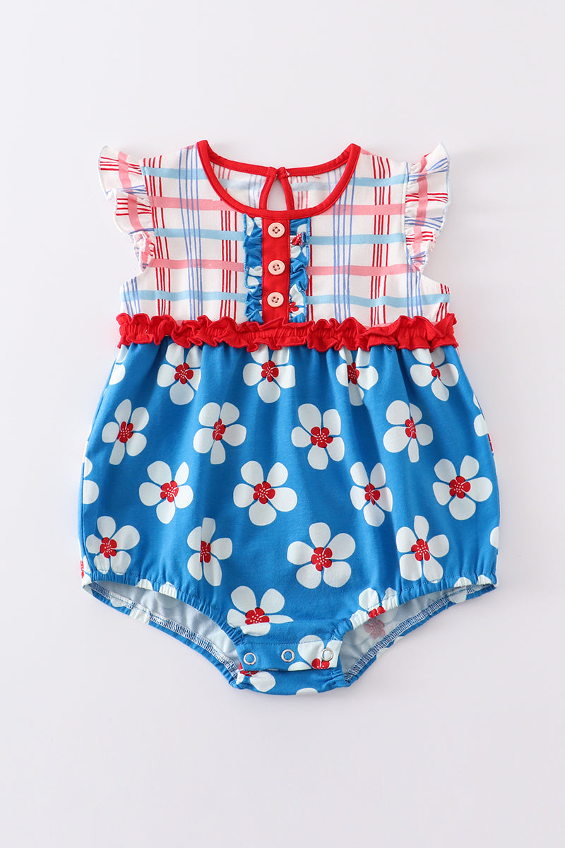 Platinum Blue & white floral print ruffle girl romper - Aaria Tees