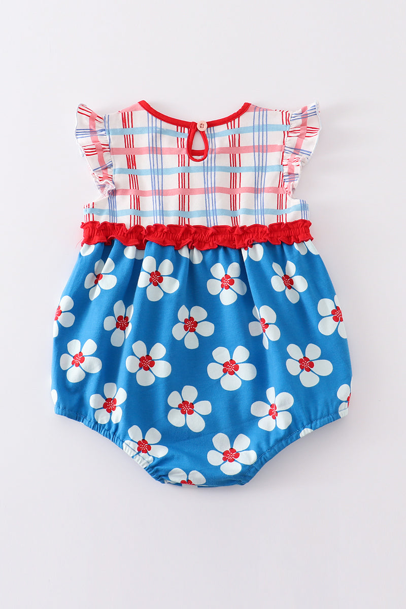 Platinum Blue & white floral print ruffle girl romper - Aaria Tees Aaria Tees