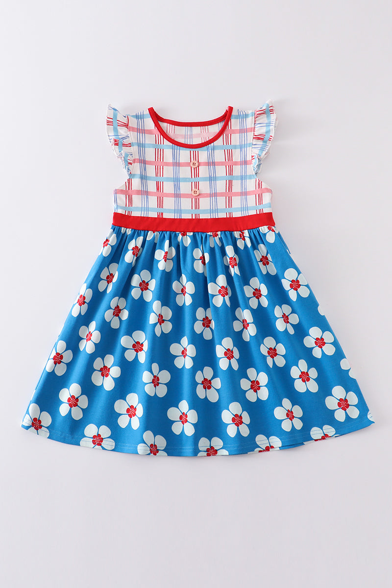 Platinum Blue & white floral print ruffle plaid dress - Aaria Tees
