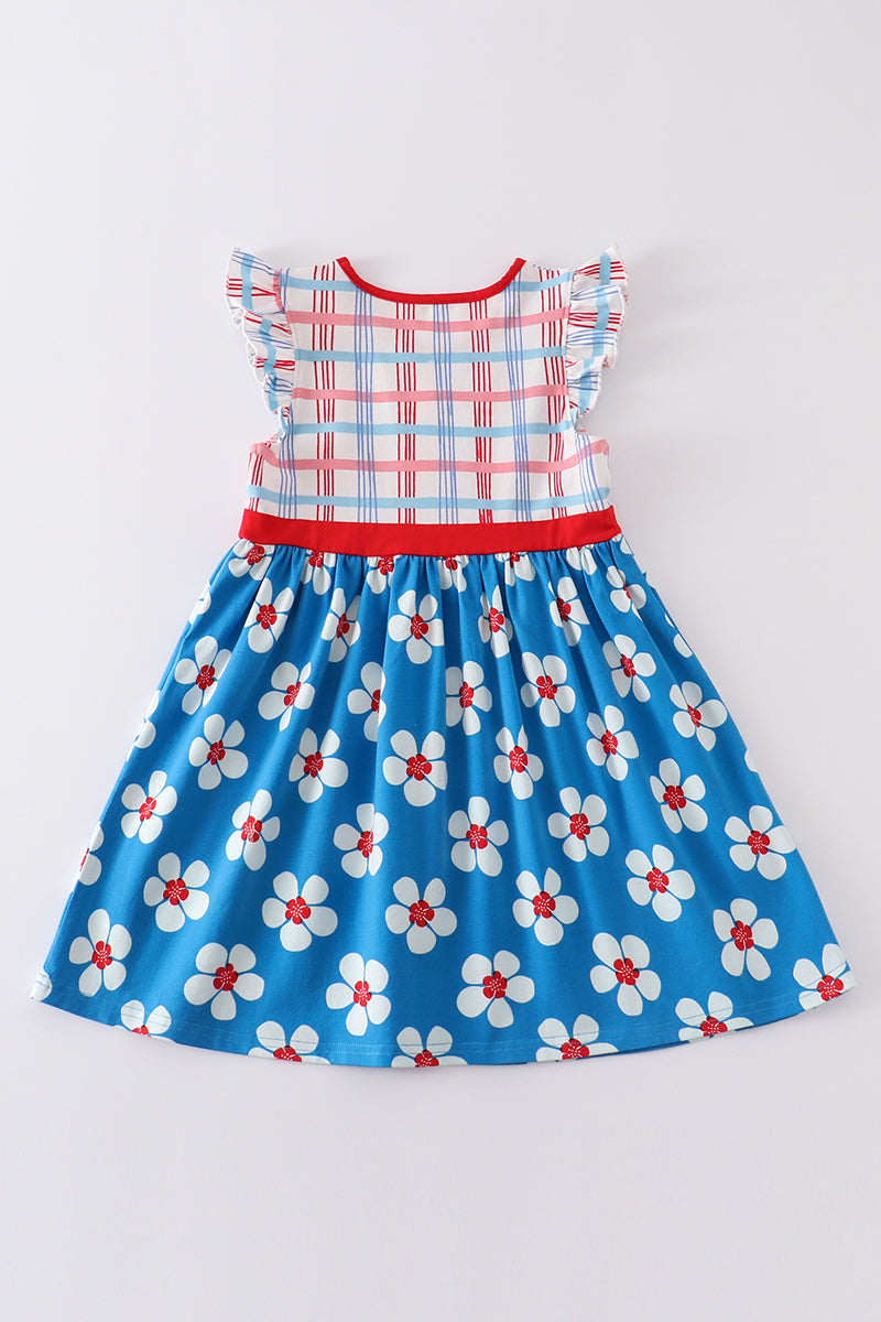 Platinum Blue & white floral print ruffle plaid dress - Aaria Tees Aaria Tees