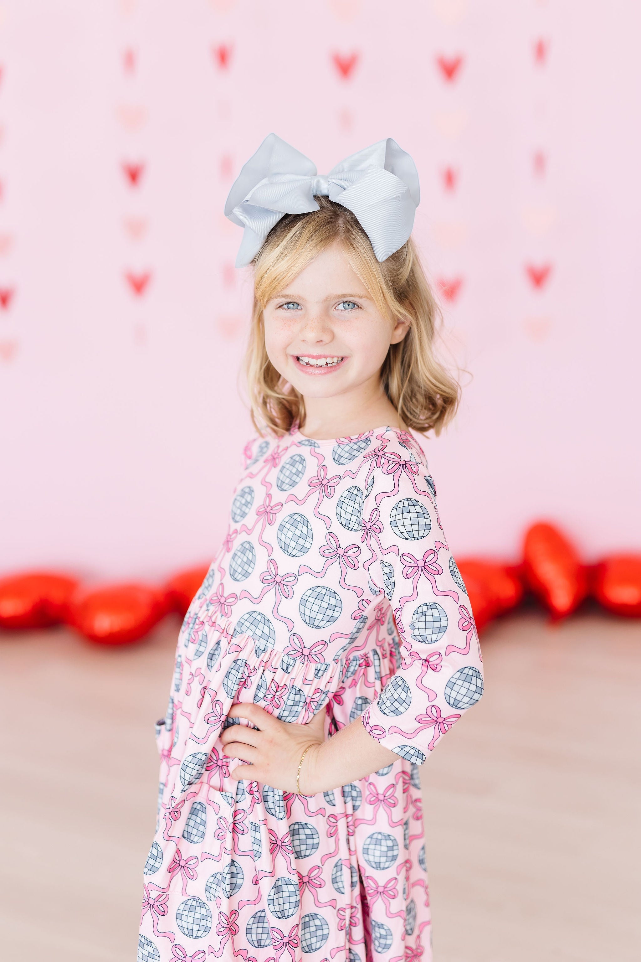 SALE Disco Bows 3/4 Sleeve Pocket Twirl Dress - Aaria Tees Aaria Tees