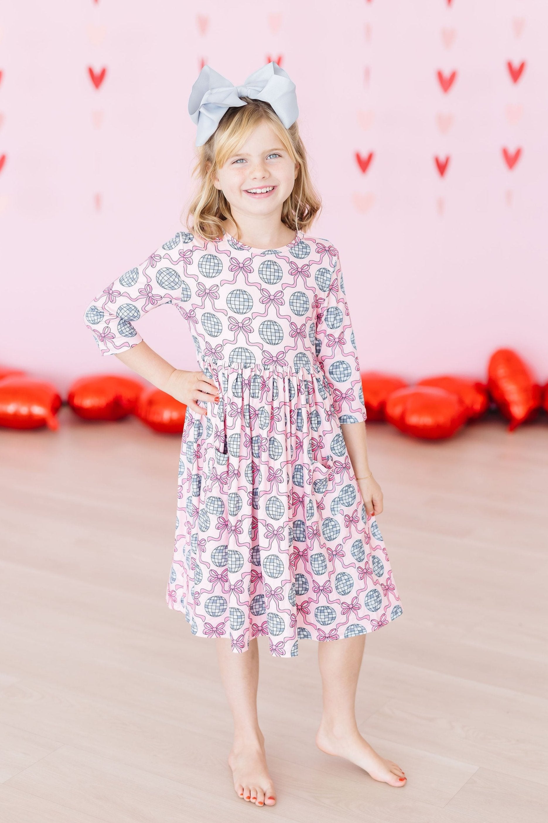 SALE Disco Bows 3/4 Sleeve Pocket Twirl Dress - Aaria Tees Aaria Tees